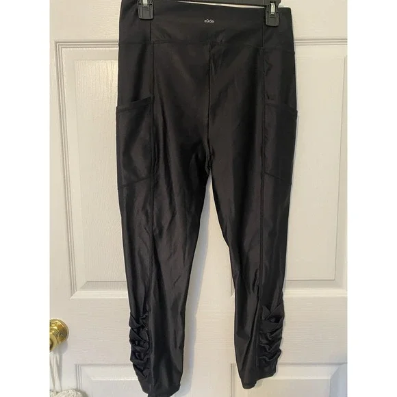 Zuda Women's Black Shiny Leggings with Cross Cross Detail Size‎ Medium - Picture 8 of 13